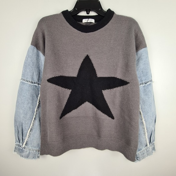 Double Take Women's Star Pattern Raw Edge Denim‎ Sleeve Sweater S/M Oversized - Picture 1 of 11